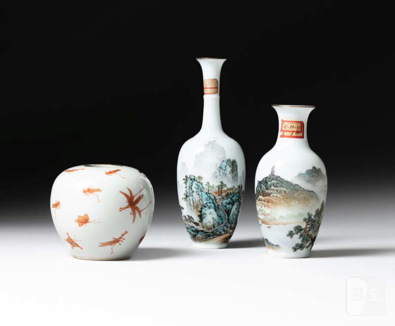 Two famille-rose 'landscape' vases, Republic period and an iron-red and gilt-decorated water pot, Mark and period of Guangxu - 图2